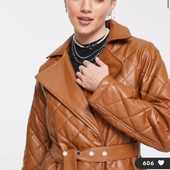 Reclaimed Vintage inspired quilted leather look coat in brown - Picture 3 of 4